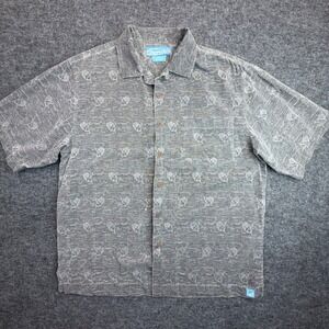 Bermuda Bay Button Up Shirt Mens Medium Gray 100% Silk Marlin Fish Print Aloha